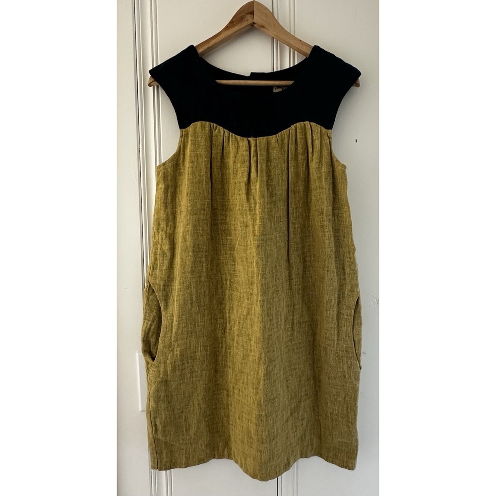 Final Touch Linen Blend Dress S Mustard Shift Pockets Art Teacher Cottagecore